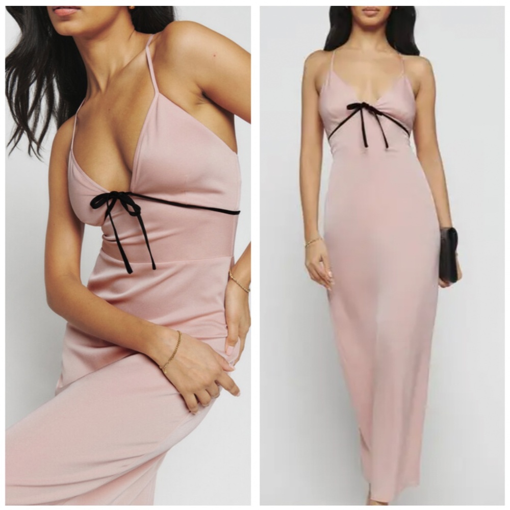 Reformation Dusty Pink Midi Slip Dress with Black Trim